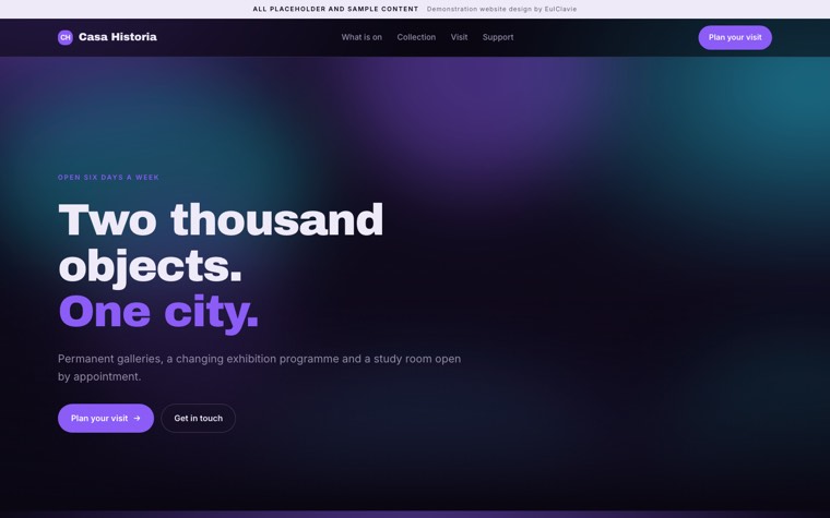 Gradient glass sample website for Casa Historia, a placeholder museum