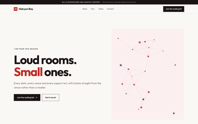 Swiss grid sample website for Halcyon Bay, a placeholder music artist