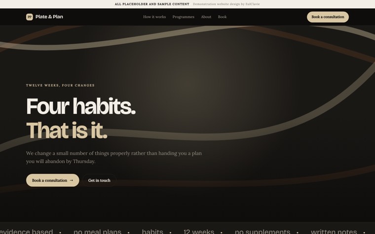 Dark glow sample website for Plate & Plan, a placeholder nutrition practice