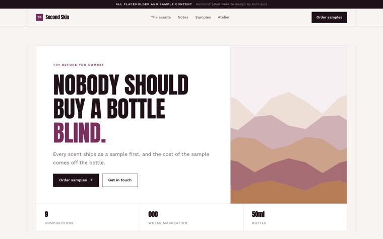 Ruled cells sample website for Second Skin, a placeholder perfume house