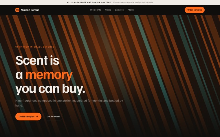 Dark glow sample website for Maison Sereno, a placeholder perfume house