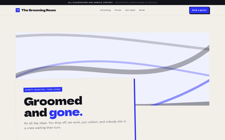 Collage zine sample website for The Grooming Room, a placeholder pet grooming