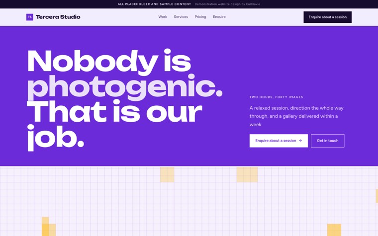 Poster type sample website for Tercera Studio, a placeholder photography studio