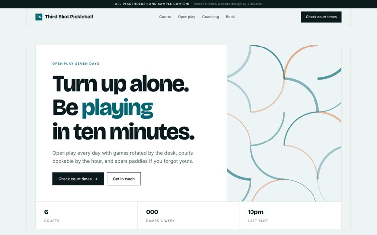 Ruled cells sample website for Third Shot Pickleball, a placeholder pickleball club