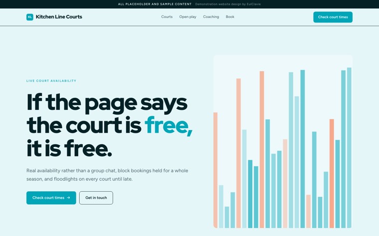Sticky split sample website for Kitchen Line Courts, a placeholder pickleball club