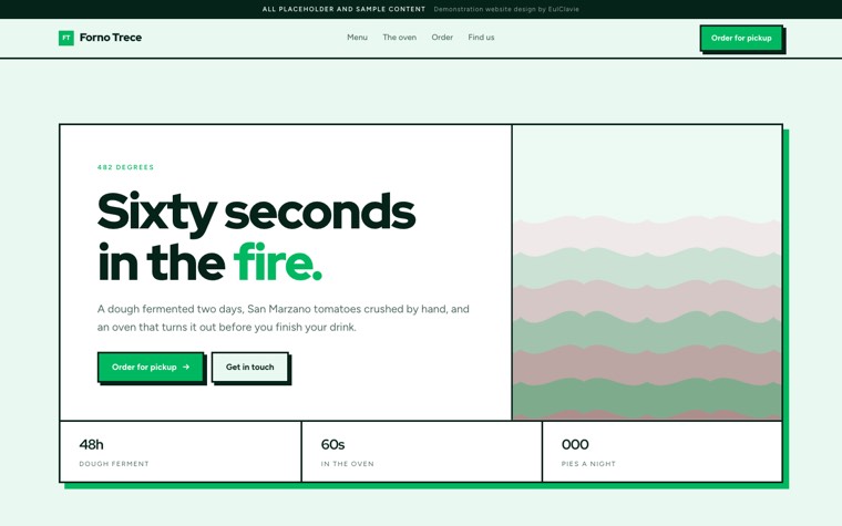 Neo brutalist sample website for Forno Trece, a placeholder pizzeria