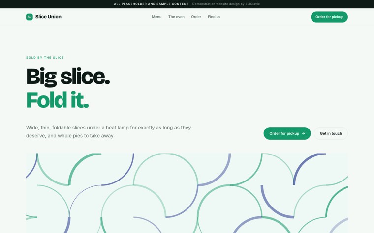 Stacked panels sample website for Slice Union, a placeholder pizzeria
