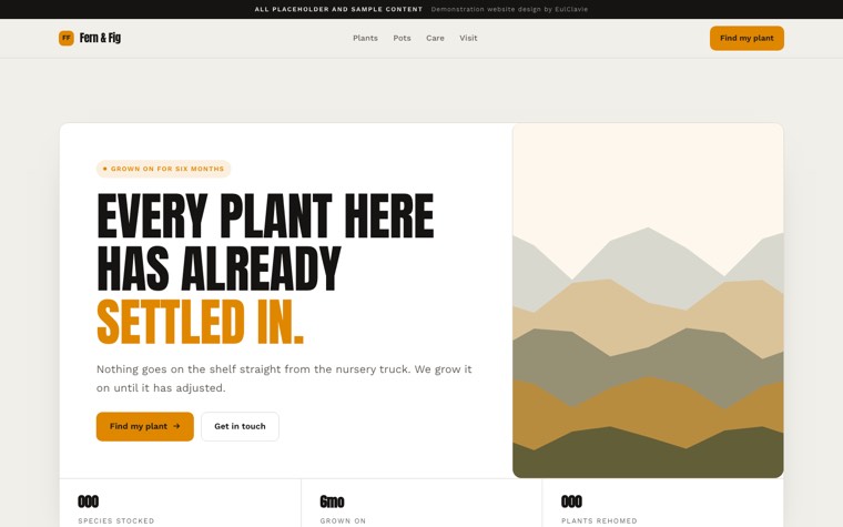 Product deck sample website for Fern & Fig, a placeholder plant shop