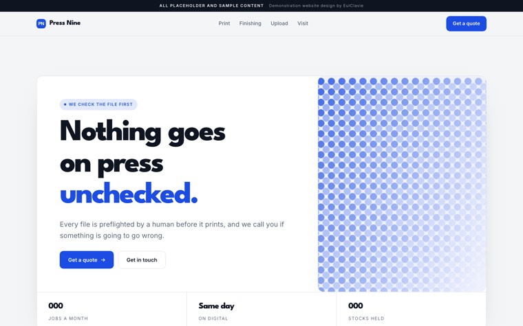Product deck sample website for Press Nine, a placeholder print shop