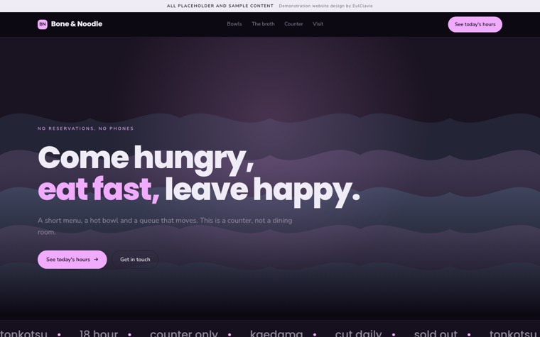 Dark glow sample website for Bone & Noodle, a placeholder ramen bar