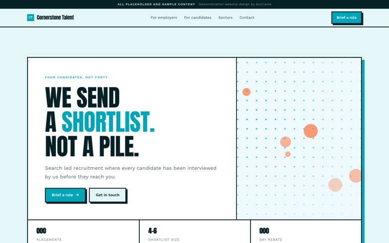 Neo brutalist sample website for Cornerstone Talent, a placeholder recruitment agency