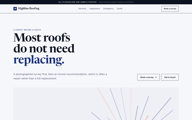 Editorial sample website for Highline Roofing, a placeholder roofing company