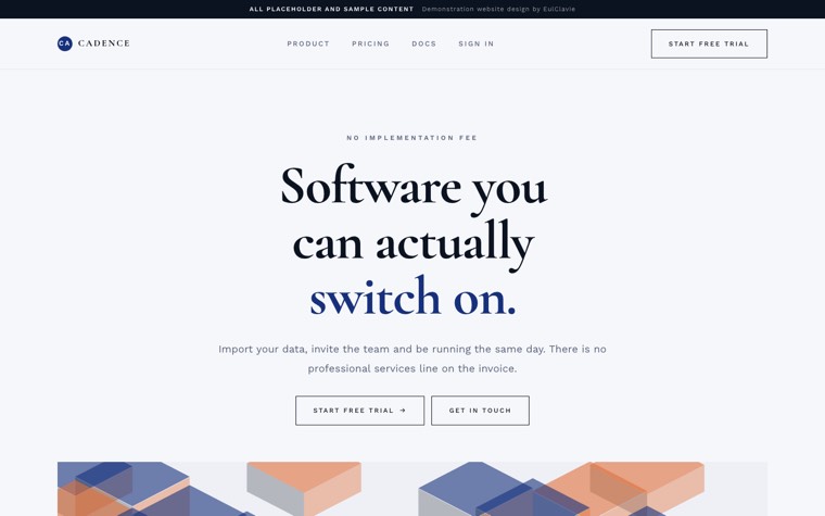 Quiet luxury sample website for Cadence, a placeholder saas product