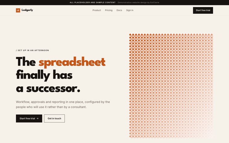 Swiss grid sample website for Ledgerly, a placeholder saas product