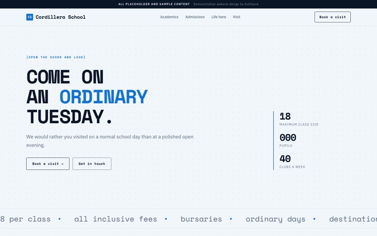 Technical mono sample website for Cordillera School, a placeholder private school