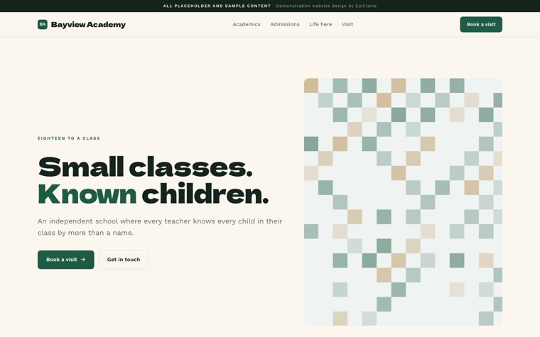 Sticky split sample website for Bayview Academy, a placeholder private school