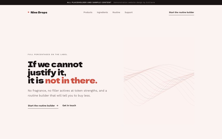 Extreme minimal sample website for Nine Drops, a placeholder skincare brand