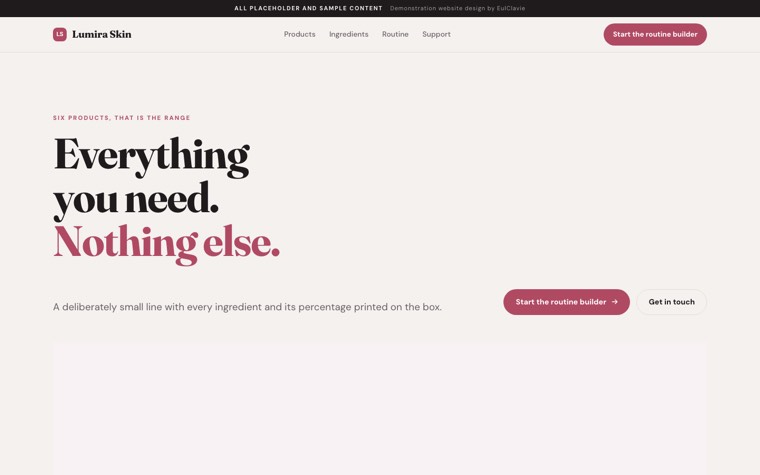 Stacked panels sample website for Lumira Skin, a placeholder skincare brand