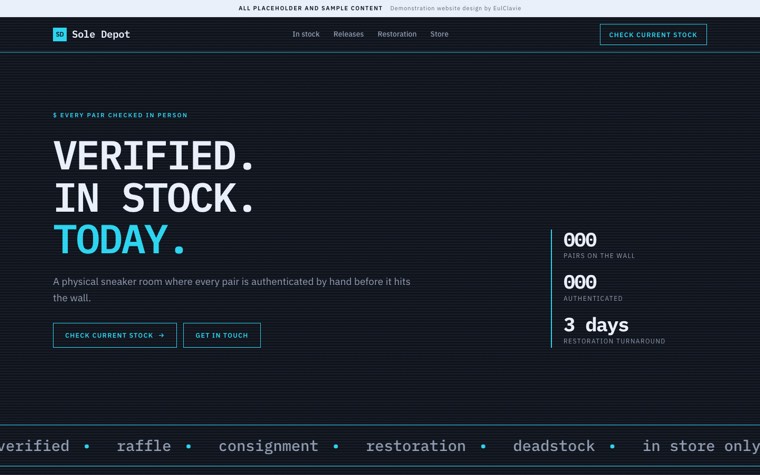 Console sample website for Sole Depot, a placeholder sneaker store