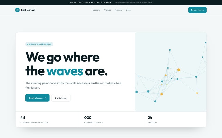 Product deck sample website for Salt School, a placeholder surf school