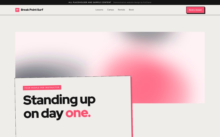 Collage zine sample website for Break Point Surf, a placeholder surf school