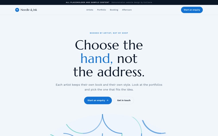 Arches sample website for Needle & Ink, a placeholder tattoo studio
