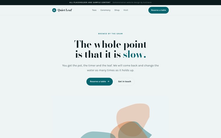 Single column sample website for Quiet Leaf, a placeholder tea house