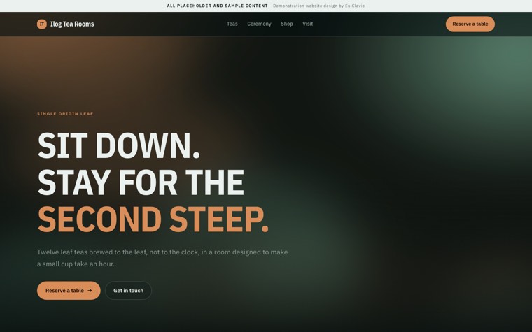 Gradient glass sample website for Ilog Tea Rooms, a placeholder tea house