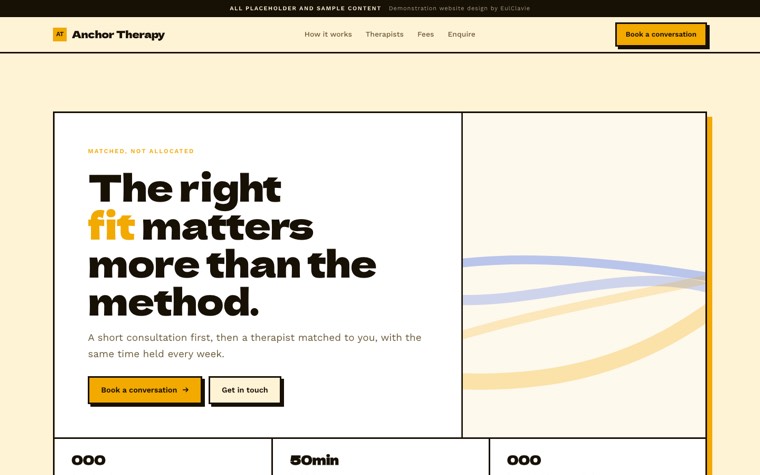 Neo brutalist sample website for Anchor Therapy, a placeholder therapy practice