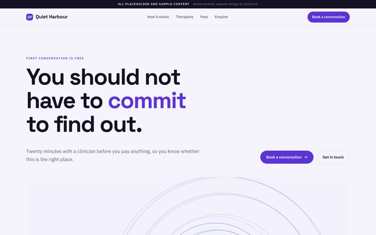Stacked panels sample website for Quiet Harbour, a placeholder therapy practice