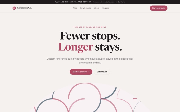 Arches sample website for Compass & Co., a placeholder travel agency