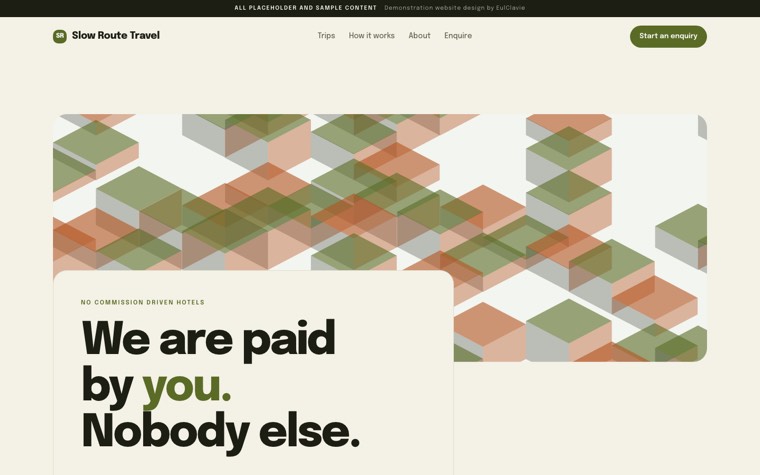 Soft cards sample website for Slow Route Travel, a placeholder travel agency