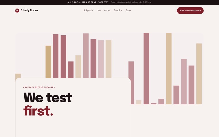 Soft cards sample website for Study Room, a placeholder tutoring centre